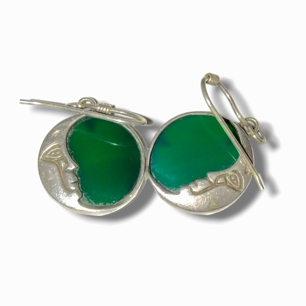 Vintage Sterling Silver Green Stone Moon Face Dangle Earrings - Picture 3 of 7